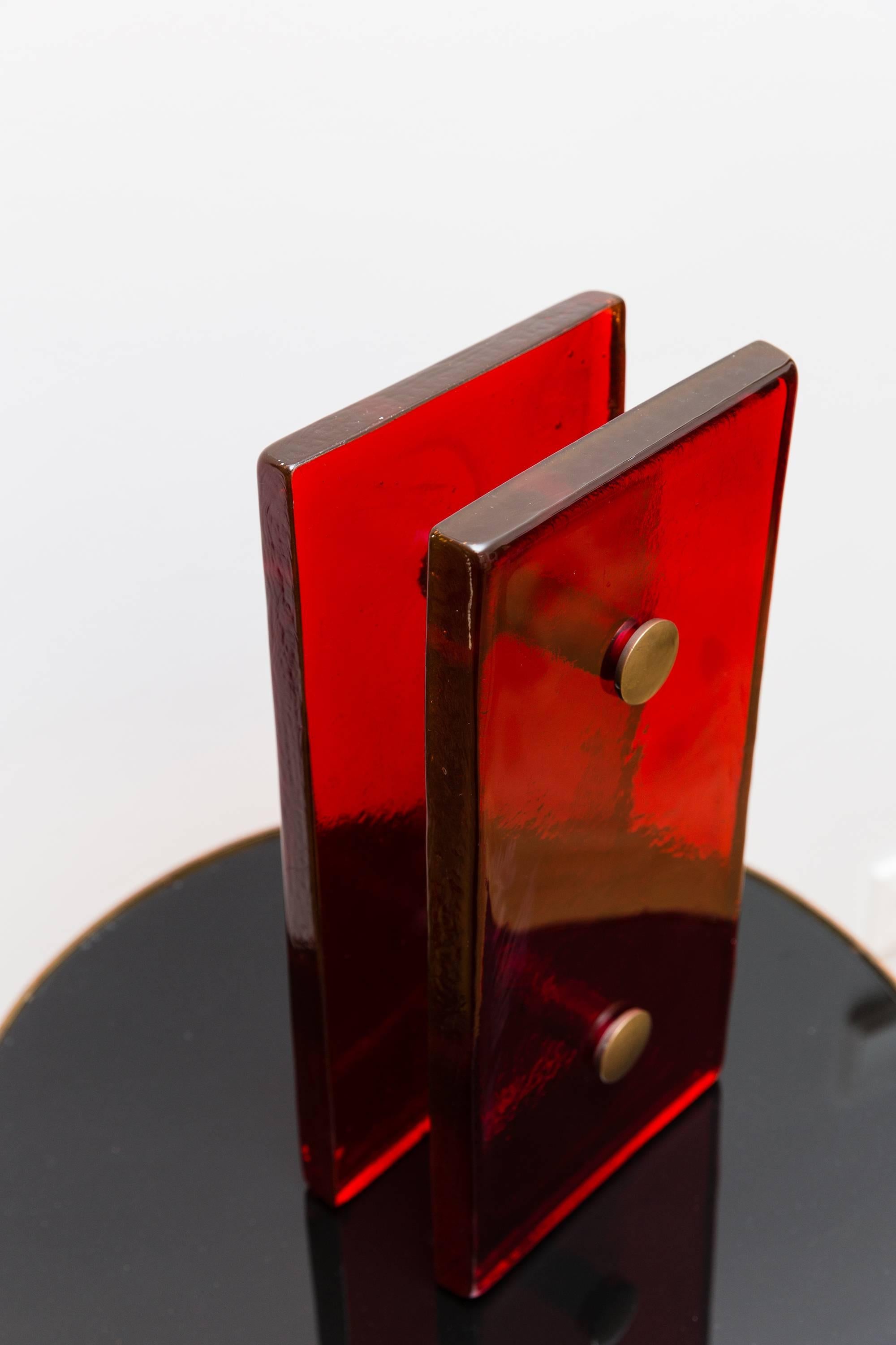 Rare door handle, Murano glass, Italy, circa 1960, front and backside very thick heavy red Murano glass, held by brass dots. Very good condition, no chips or scratches in the glass.