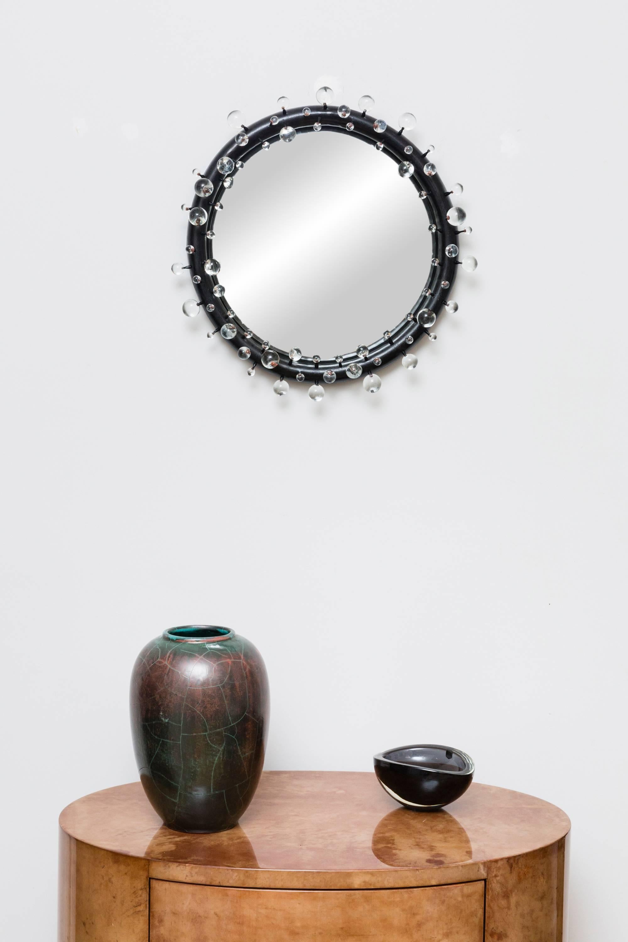 Elegant concave mirror, limited art edition, glass concave mirror, blackened bronze frame with glass balls in different sizes, diameter 48 cm. 