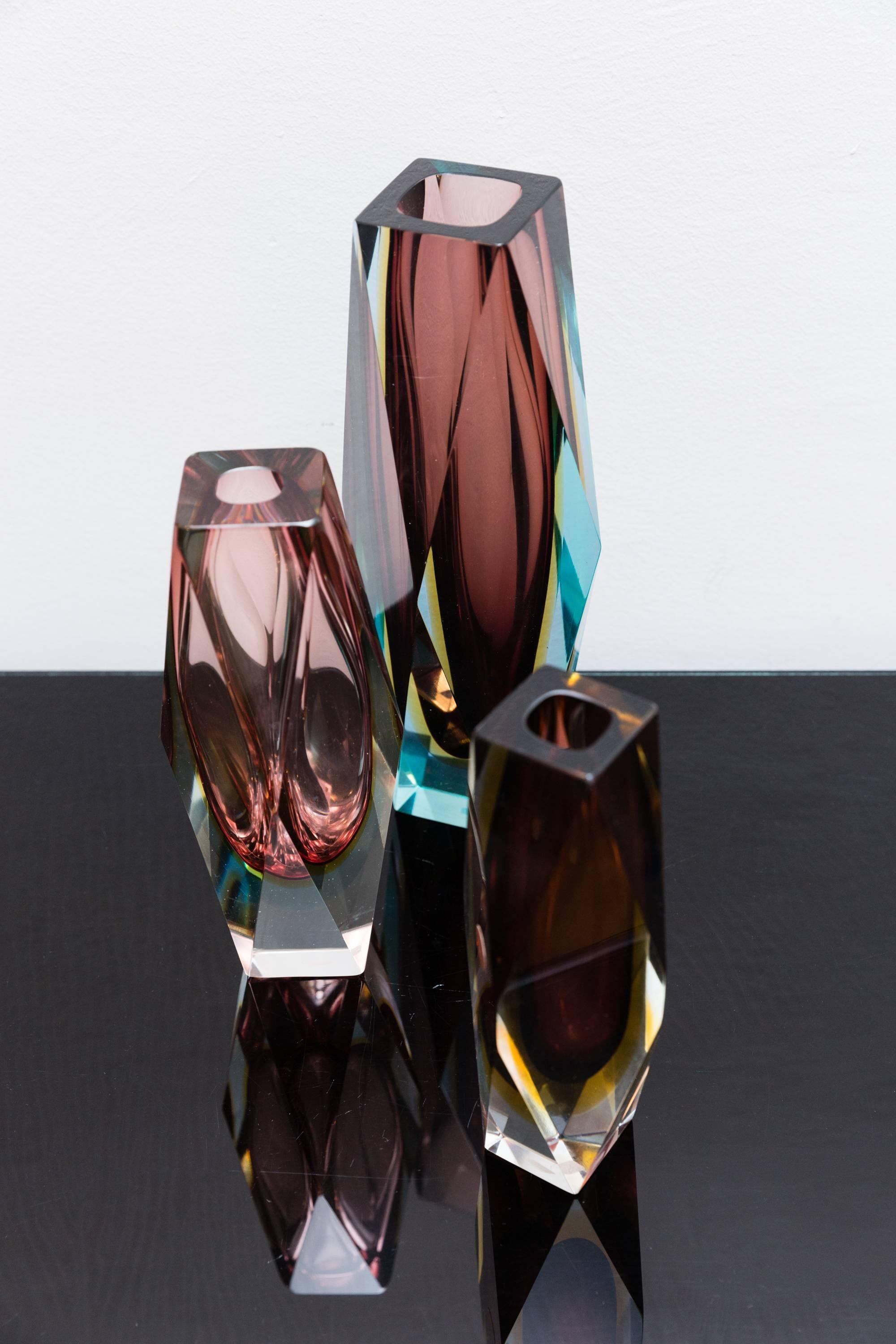 Set of Three Faceted Murano Glass Vases by Sommerso, Italy, circa 1960 1