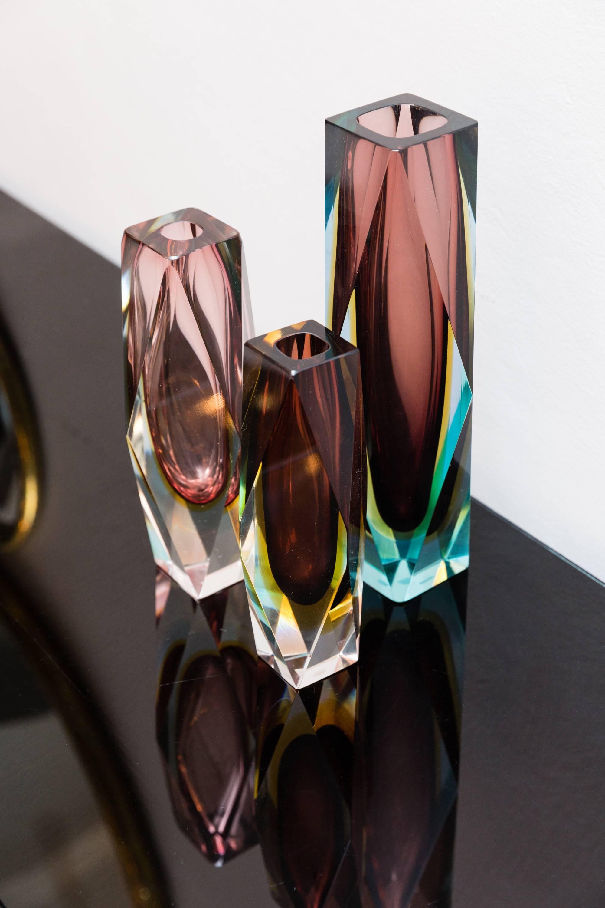 Set of Three Faceted Murano Glass Vases by Sommerso, Italy, circa 1960 2