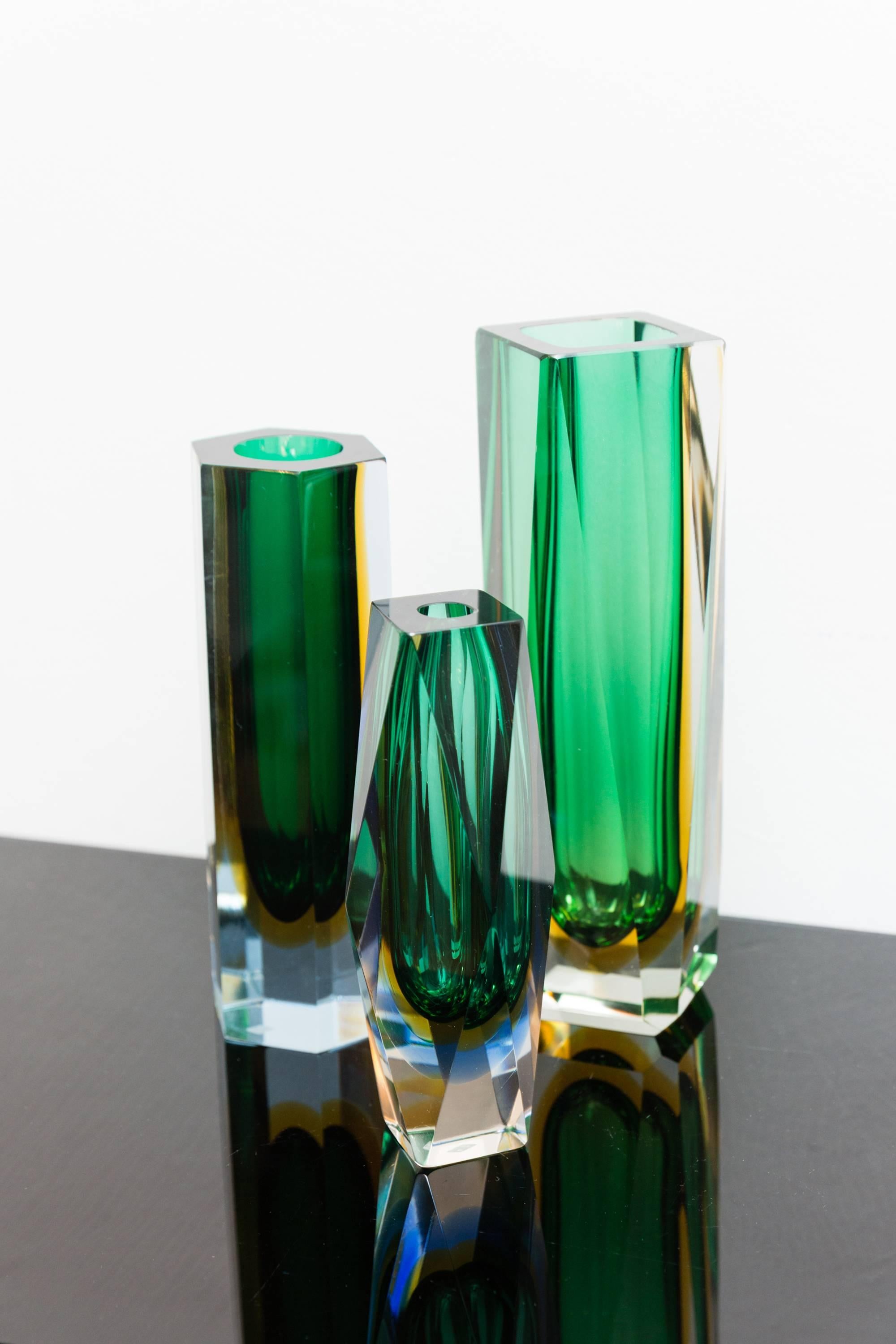 Set of Three Murano Faceted Glass Vases by Sommerso, Italy, circa 1960 1