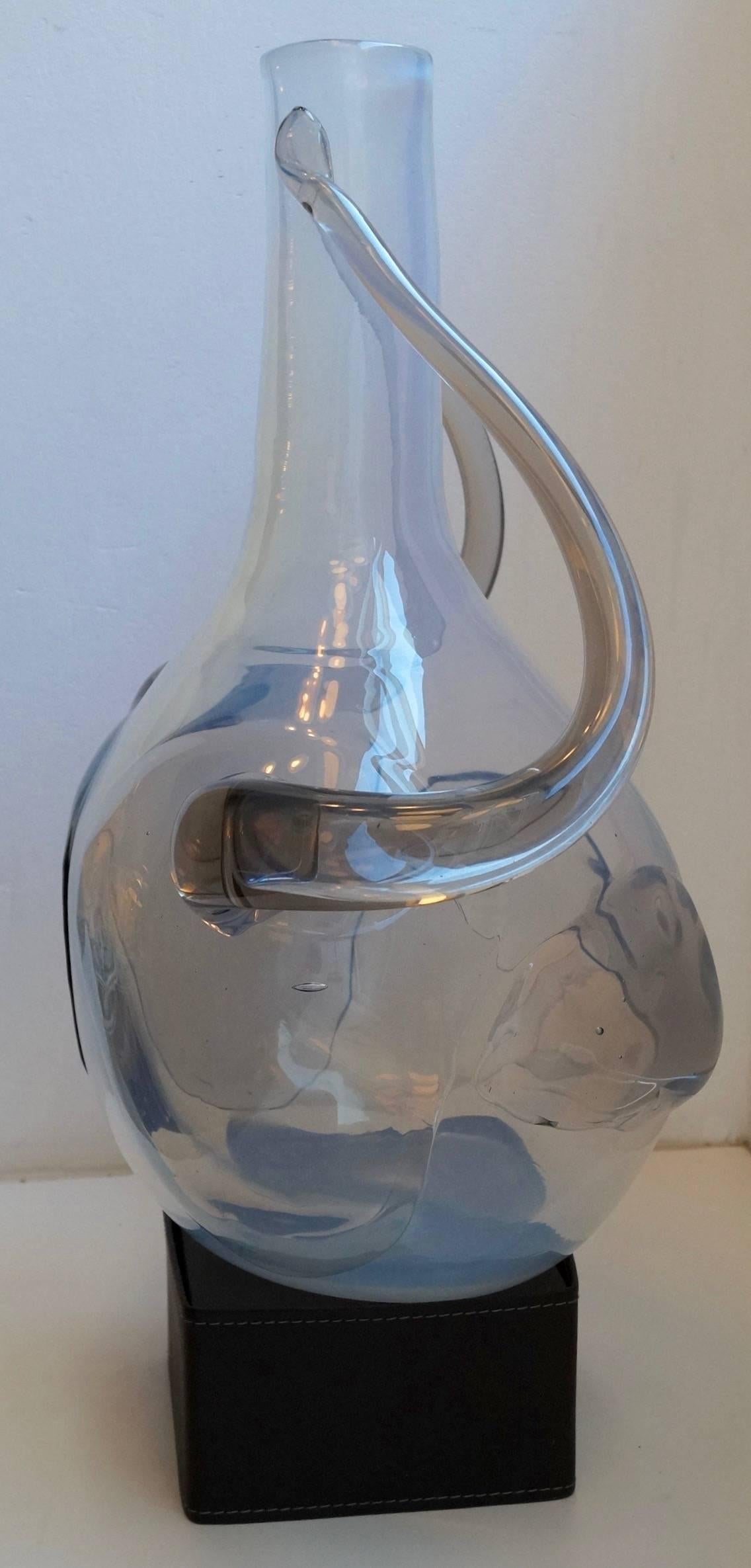 Claire Falkenstein (1908-1997), rare glass sculpture/vase remembering at a female torso, designed about 1973, for Salviati/Murano, main body consists of opalescent handblown glass, with gray/green applied handles and prefrontal and lateral volume