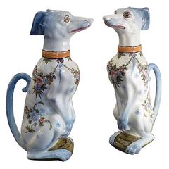 Pair of Saint Clement Faience Pitchers, Sitting Greyhound, France, circa 1900 10