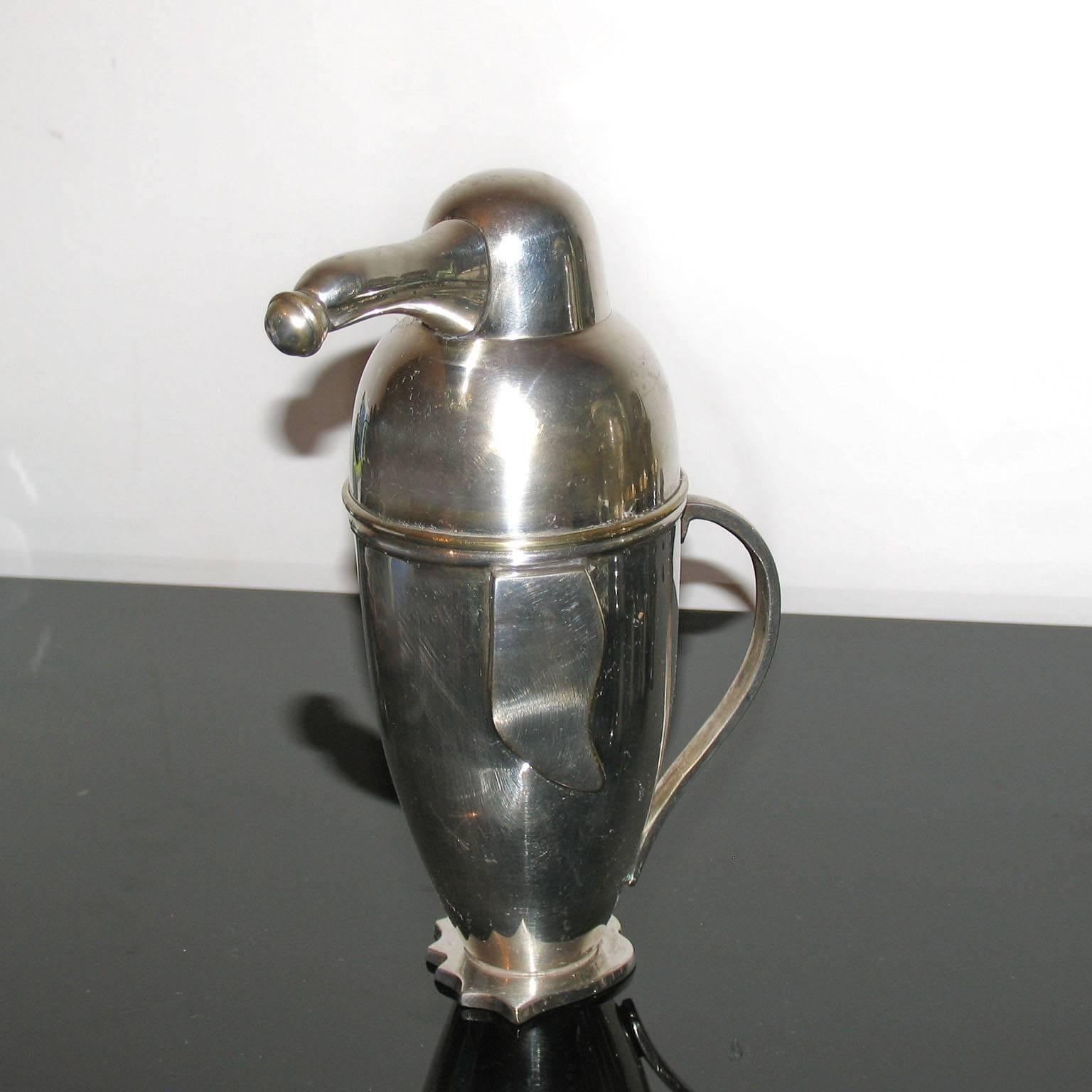 French Art Deco Silvered Cocktail Shaker Penguin in the Style of Napier