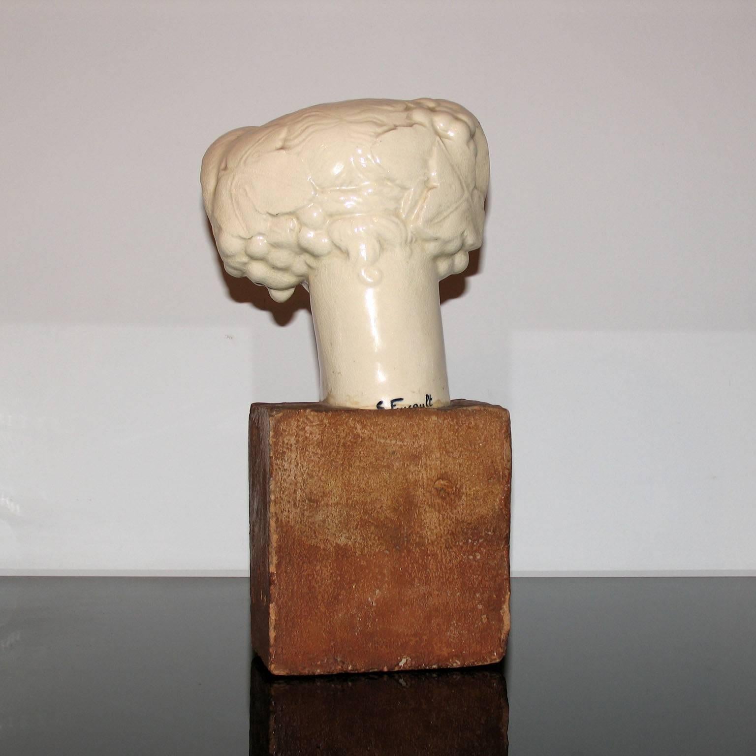 Glazed Faun Head Ceramic Sculpture by Foucault