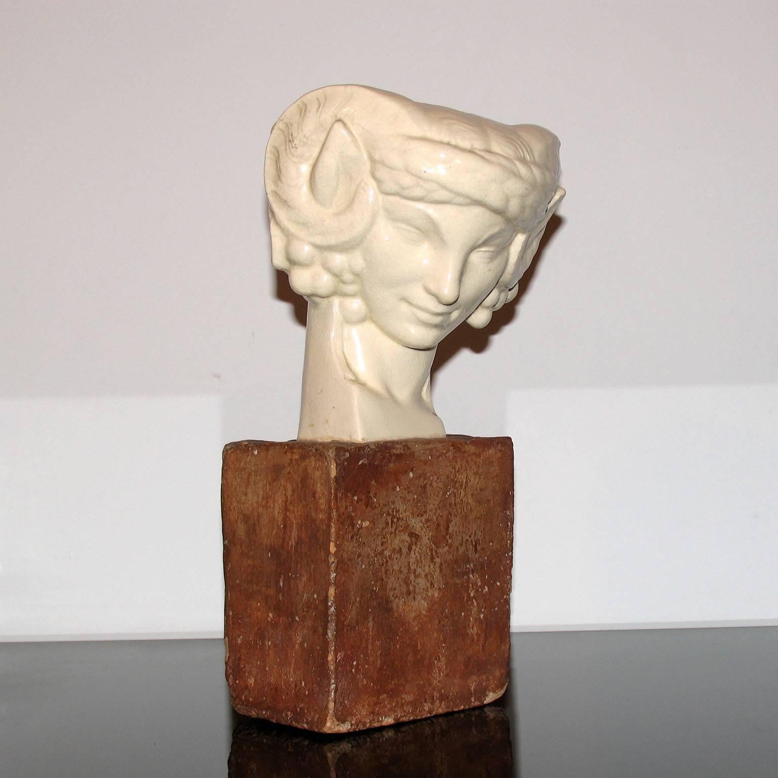 Art Deco Faun Head Ceramic Sculpture by Foucault