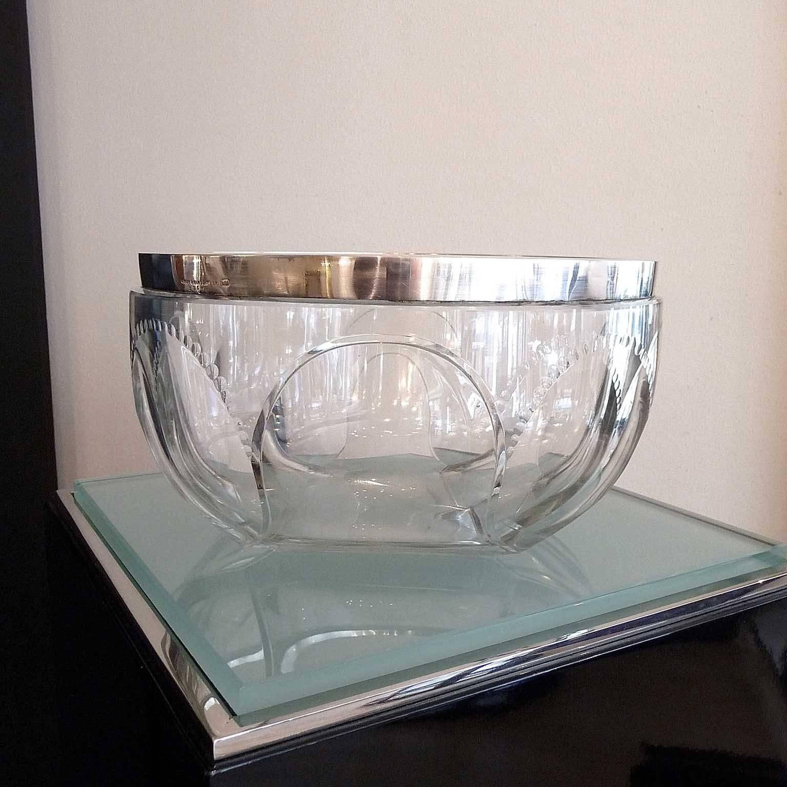 Art Deco Large Faceted Crystal Bowl with Silvered Frame by Kirby Beard and Co. For Sale 5