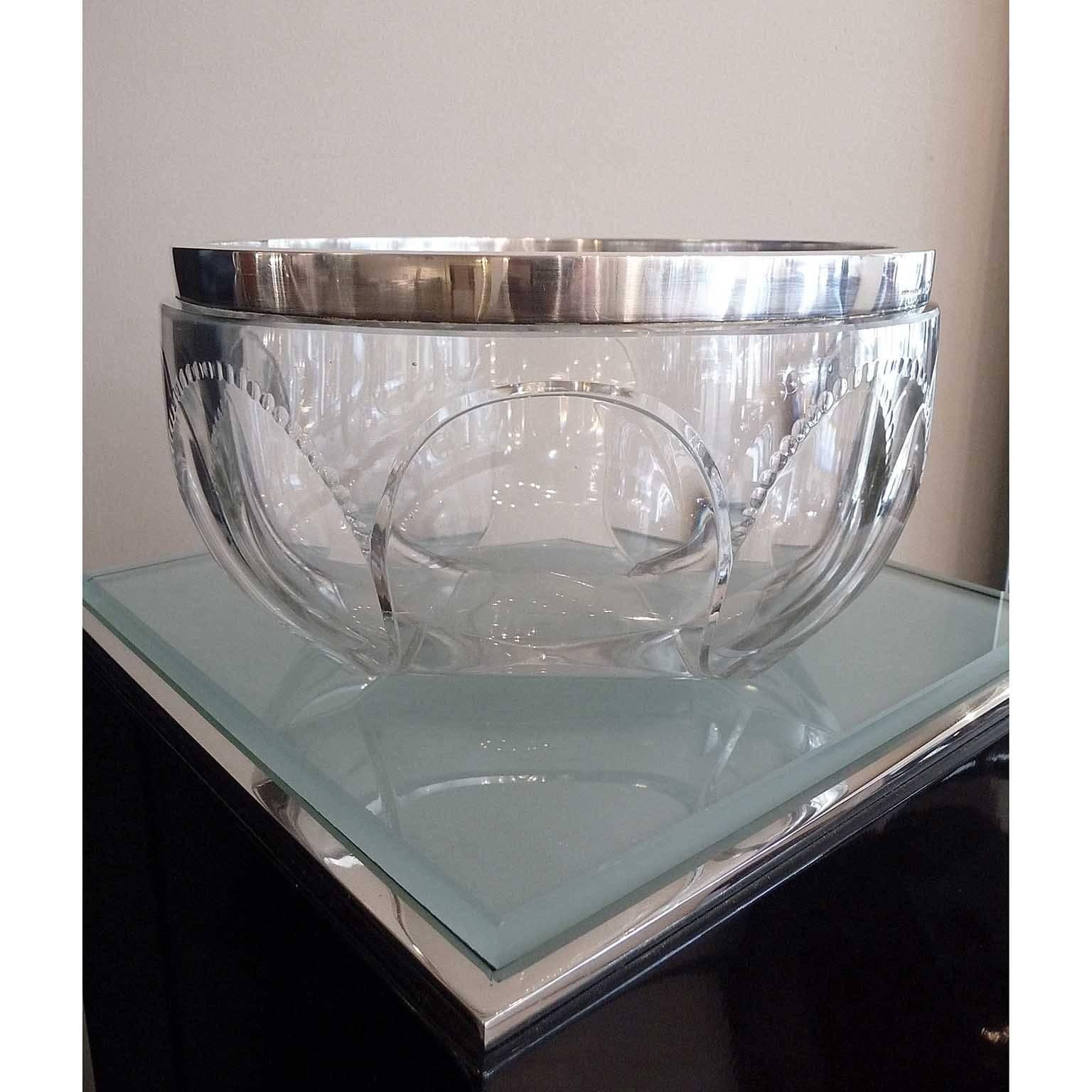 Art Deco Large Faceted Crystal Bowl with Silvered Frame by Kirby Beard and Co. For Sale 1