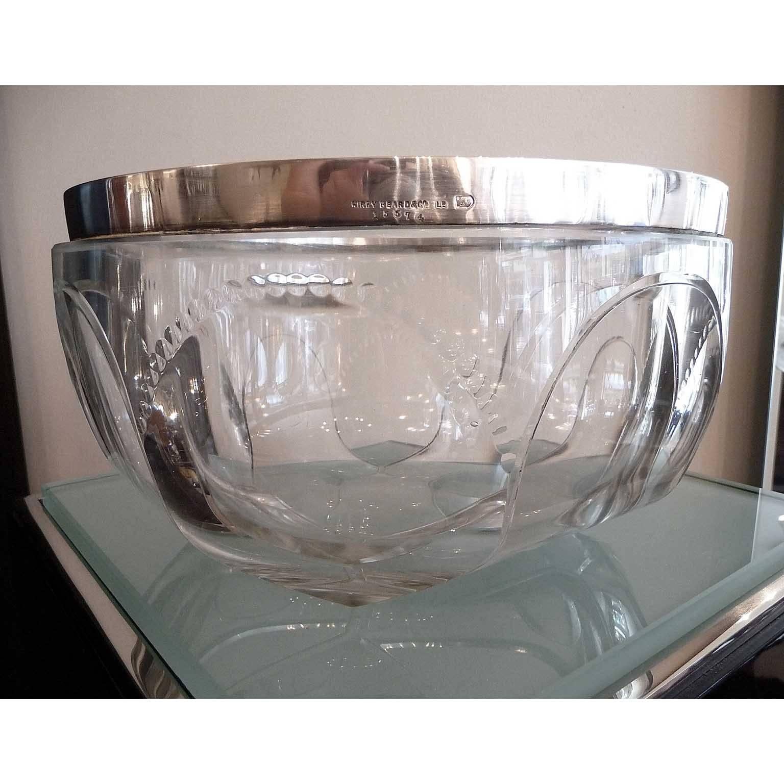 Art Deco Large Faceted Crystal Bowl with Silvered Frame by Kirby Beard and Co. For Sale 2