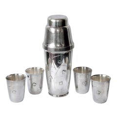 Art Deco Silver Plated Playing Card Cocktail Shaker and Beakers
