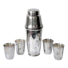 Vintage Art Deco Silver Plated Playing Card Cocktail Shaker and Beakers