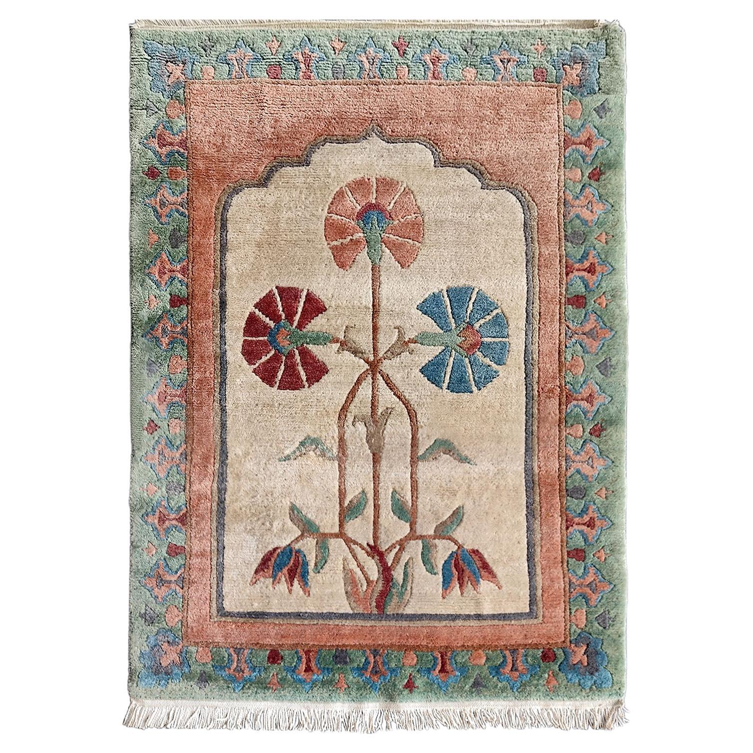 Vintage Tibetan Nepal Floral Hand Woven Wool Rug Carpet, Qanat Kanaat Design For Sale