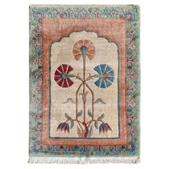 Vintage Tibetan Nepal Floral Hand Woven Wool Rug Carpet, Qanat Kanaat Design