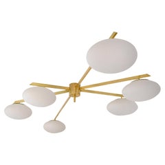 Six Arms Radial Brass and Glass Ceiling Italian Light MCM Style 