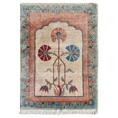 Vintage Tibetan Nepal Floral Hand Woven Wool Rug Carpet, Qanat Kanaat Design