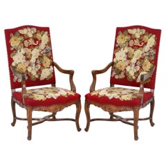 Pair of French Regence Fauteuils with Gorgeous Embroidered Upholstery
