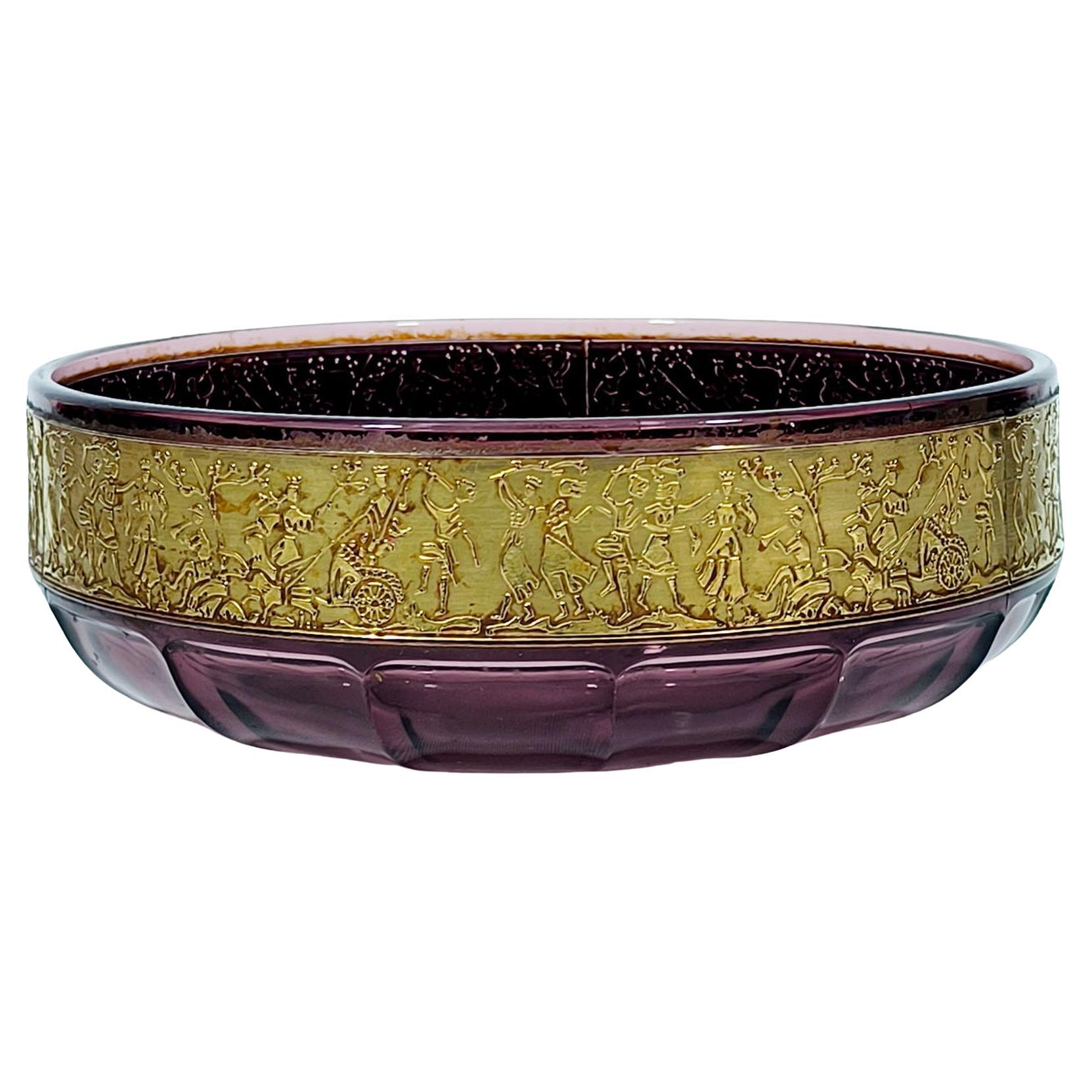 A Luxurious Art Nouveau Crystal Amethyst Bowl with Gold Relief Band from Moser