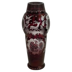 Antique Bohemian Egermann Cut to Clear Stag & Castle Hunt Scene Vase, 19th Cent