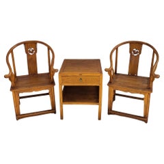 Vintage Chinese Ming Style Wood Pair of Horseshoe Armchairs and Matching Table