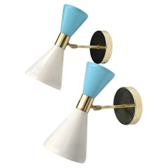 Appliques réglables Diabolo, laiton, ivoire, laque bleu ciel, style Stilnovo