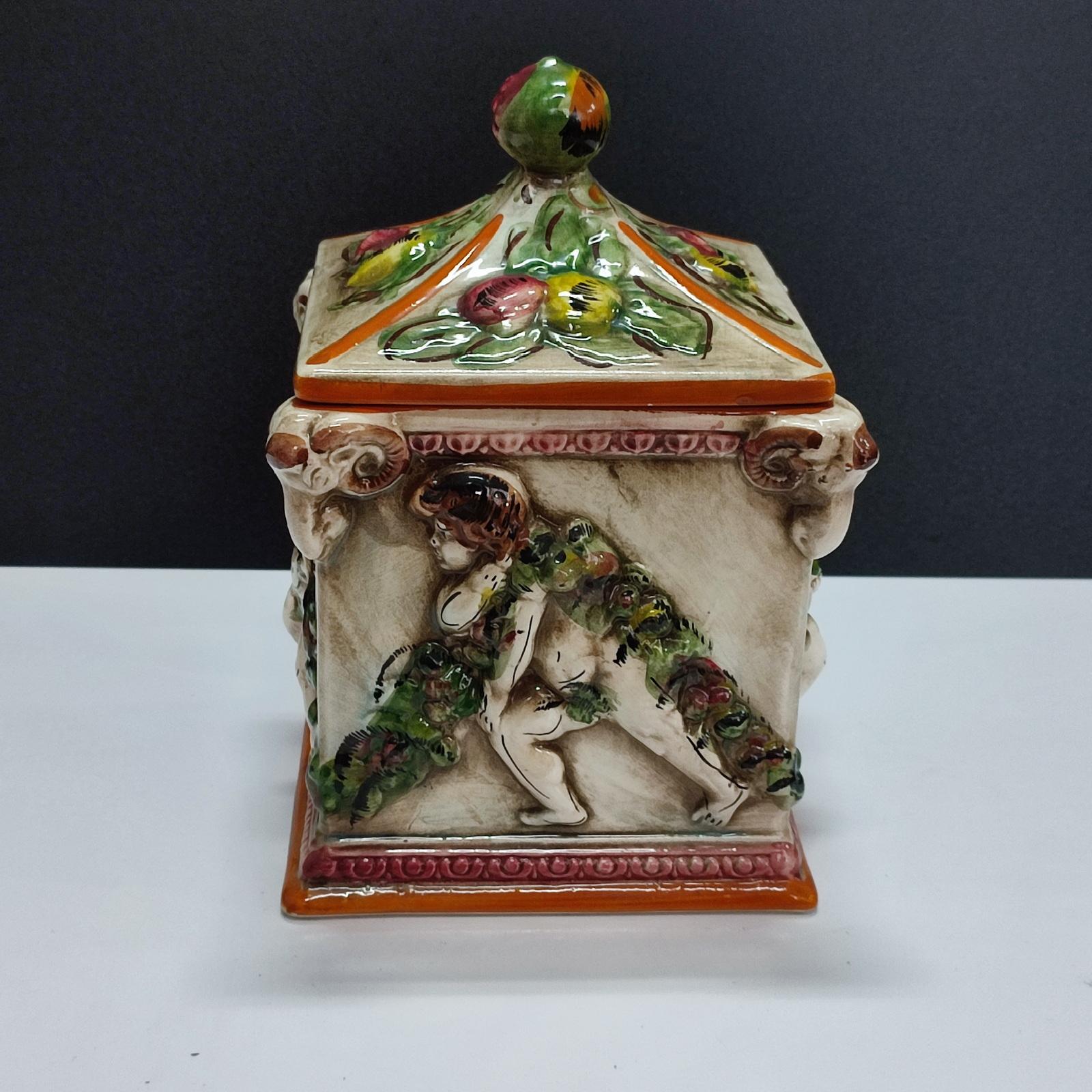 Porcelain Capodimonte Lidded Jar Four Seasons Cherubs Decor For Sale