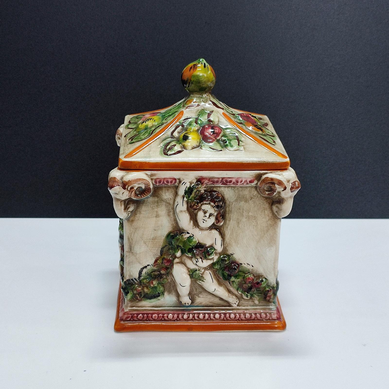 20th Century Capodimonte Lidded Jar Four Seasons Cherubs Decor For Sale