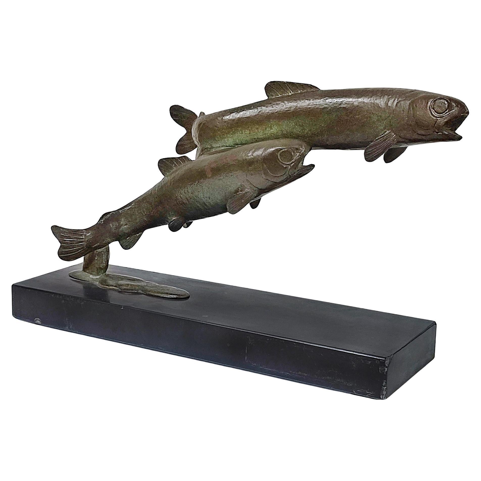 Art Deco Bronze Sculpture Jumping Trouts by André Vincent Becquerel For Sale