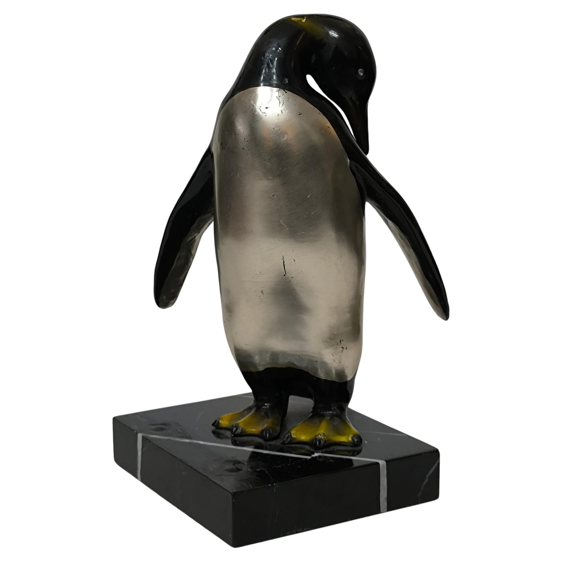 "Alfred the Penguin" Bronze, Art Deco Figurine on Portoro Marble, France, 1930