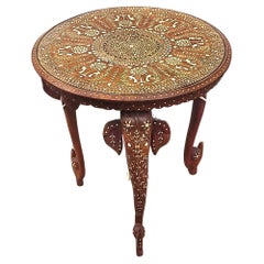 Anglo Indian Carved Wood and Inlaid Round Table with Elephants