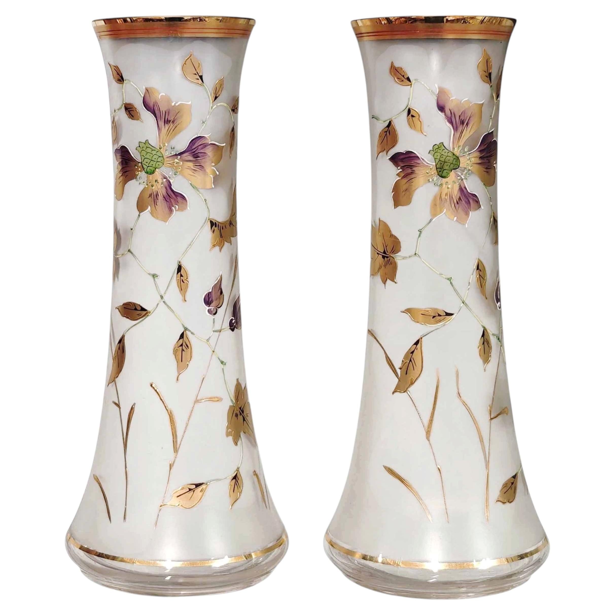 Art Nouveau Frosted Glass Vases with Fine Gilded and Enamelled Floral Décor