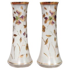Art Nouveau Frosted Glass Vases with Fine Gilded and Enamelled Floral Décor