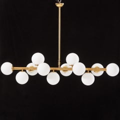 Axial Swirl Linear Chandelier Patinated Brass & 12 Glass Globes, Stilnovo Style