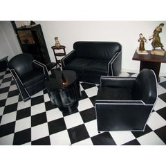 Divano a due posti in pelle nera stile Art Déco con chiodini bianchi, in stile Pierre Chareau
