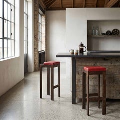 Rust Patina Iron Stools, 1970s Pair Bar Stools with Red Vinyl Seats, Loft Chairs