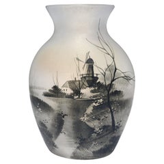Antique Art Nouveau Daum Nancy Style Glass Vase, Dutch Landscape, 1900s