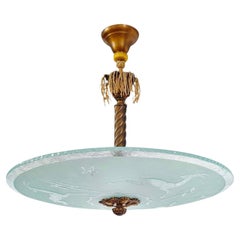 Large 1930s Art Deco Ceiling Light with Etched Animal Motifs, 60 cm