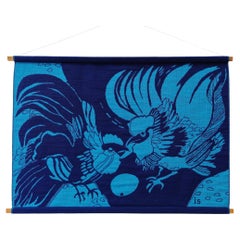Scandinavian Jacquard Blue Textile Wall Hanging Roosters Fight