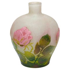 Antique Art Nouveau Daum Glass Vase with Carved Applied Roses, France, c.1910