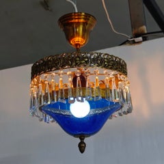 Lampadario baltico vintage in vetro blu cobalto con prismi di cristallo - Design elaborato