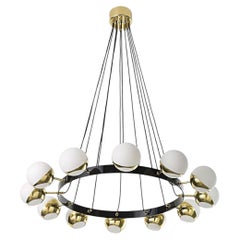 Large Stilnovo Style Italian Chandelier 12 Lights, Made of Brass and Glass