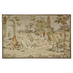 Gerahmter Wandteppich im Aubusson-Stil, idyllische Hofszene, französische Kunsthandwerkskunst