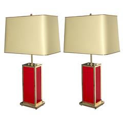 Very Elegant Pair of Table Lamps in Red Lacquer and Brass Mahey Style 4