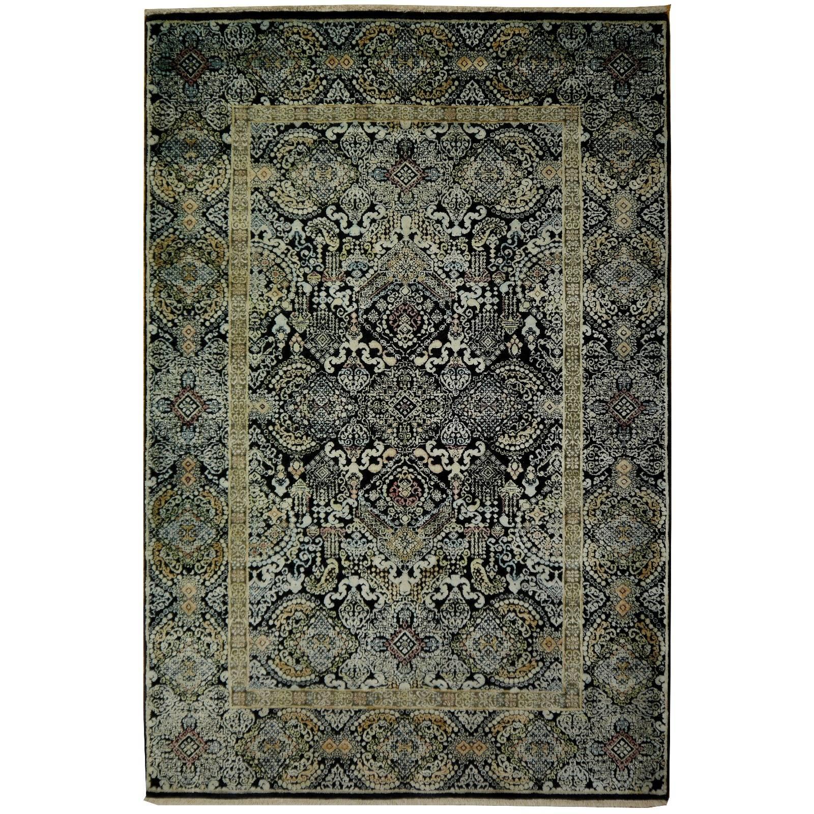 Kohinoor Hand-Knotted Wool and Silk Rug from India Black Gold Green 