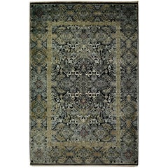 Kohinoor Hand-Knotted Wool and Silk Rug from India Black Gold Green
