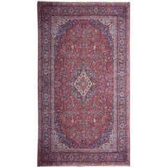 Large Rug Kashan Oversize Brown Blue Beige Hand-Knotted Semi Antique Carpet