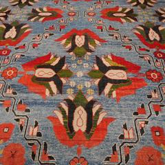 Vintage Turkish Rug Light Blue Azeri Heriz Carpet with Lotus and Tulips in Red