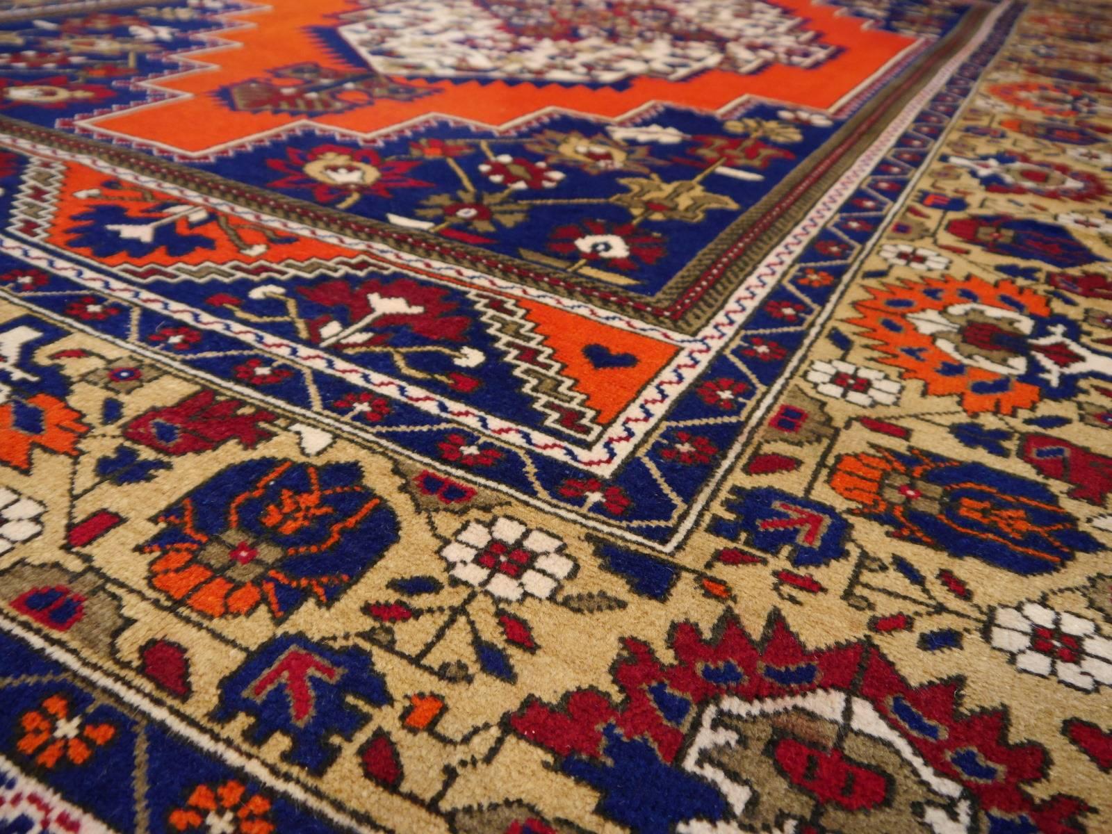 Tribal Vintage Turkish Taspinar Rug hand knotted blue and orange For Sale