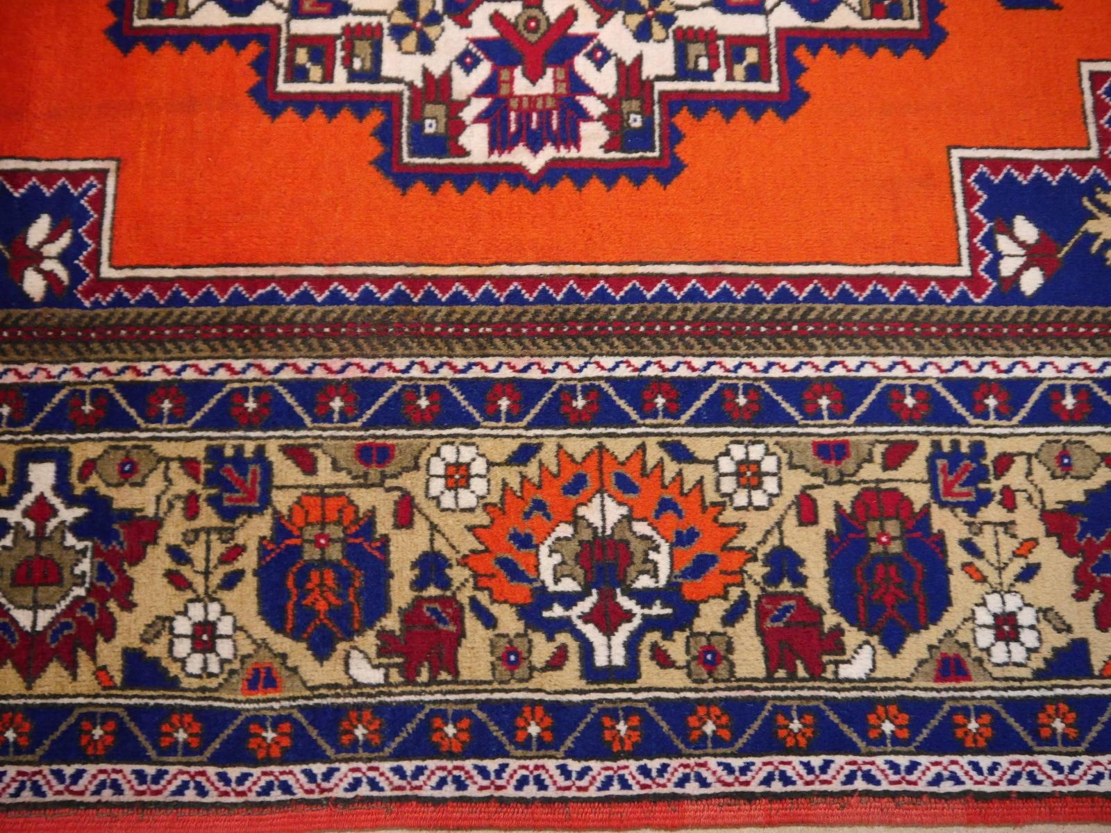 Wool Vintage Turkish Taspinar Rug hand knotted blue and orange For Sale