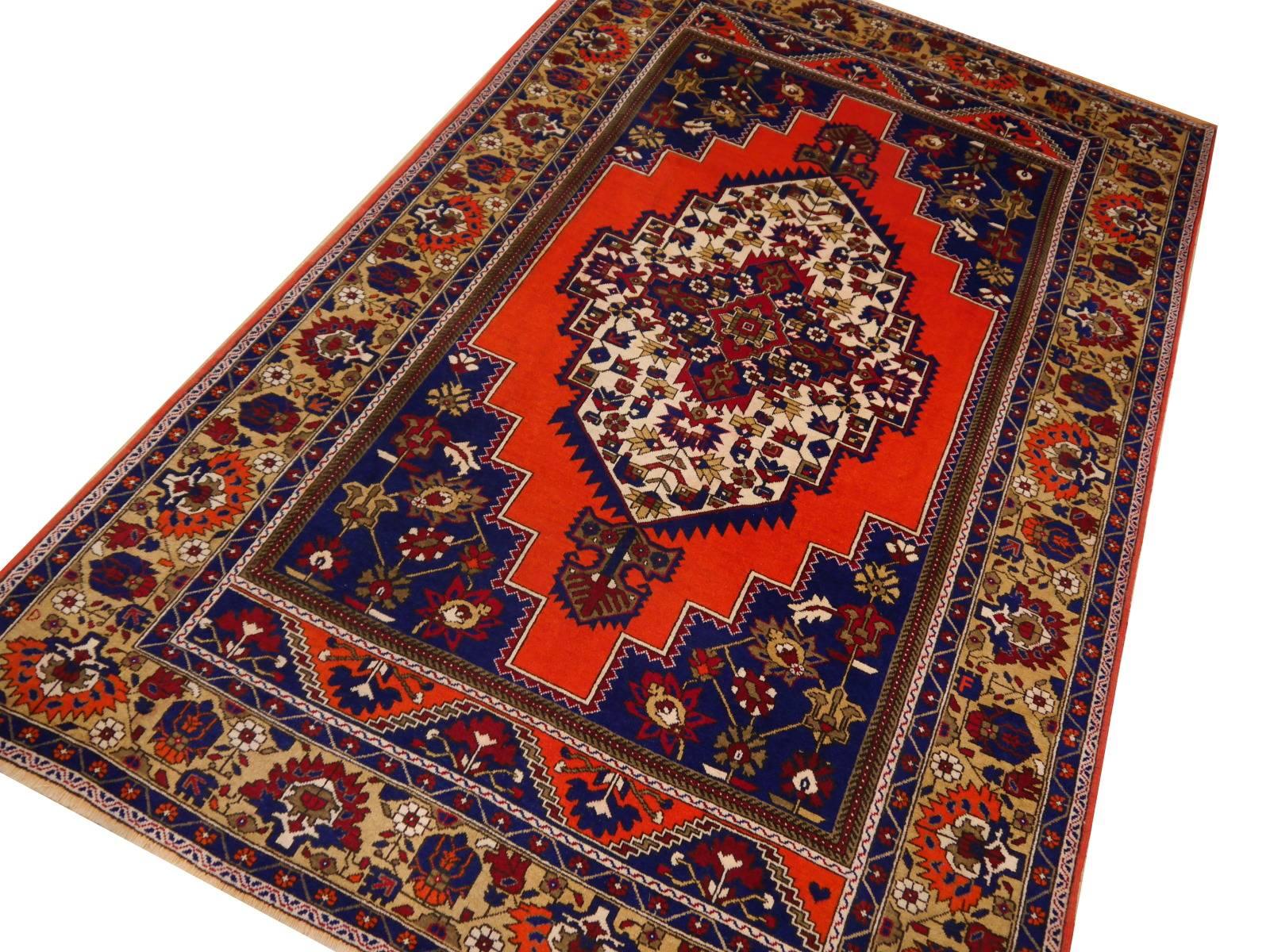Hand-Knotted Vintage Turkish Taspinar Rug hand knotted blue and orange For Sale