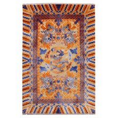 Dragon Rug Wool and Silk in Style of Antique Chinese Kansu Carpet 5 claw dragons